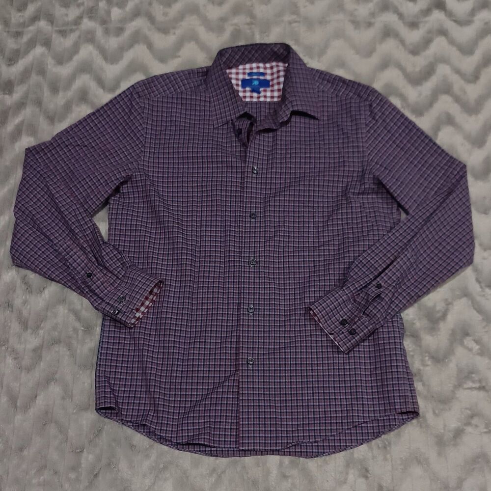 Egara Mens Size L Red Blue Plaid Long Sleeve 100% Cotton Button Up Shirt